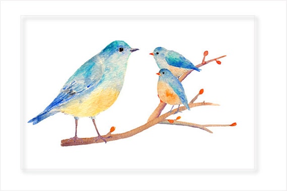 水彩画「青い鳥」のクリップアート – 鳥の巣、卵、ひよこ（デジタル