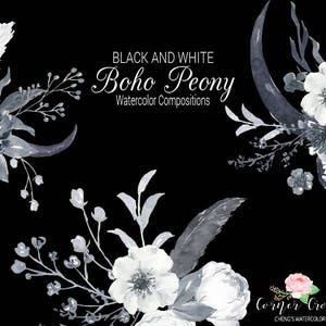 Boho Peony Posies, Skull floral composition,  Black and White Boho Peony, watercolor peony posies  for instant download