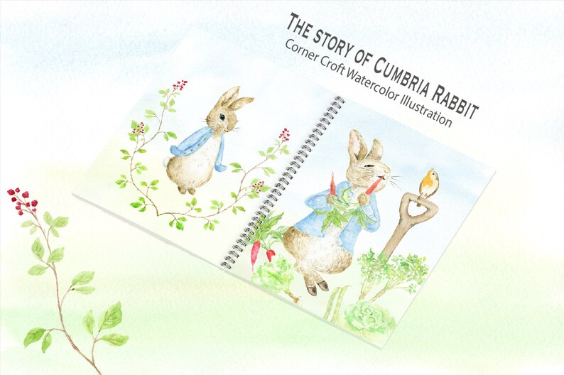 May include: An open book with a watercolor illustration of a rabbit in a blue jacket. The book's title is "The Story of Cumbria Rabbit" with the subtitle "Corner Croft Watercolor Illustration".