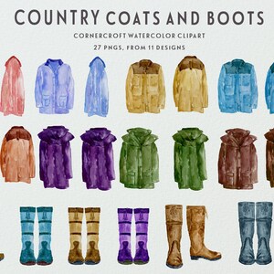 May include: Watercolor clipart set of 27 country coats and boots in various colors, including brown, blue, green, purple, and red.  The set includes 11 different designs.  Cornercroft Watercolor Clipart.