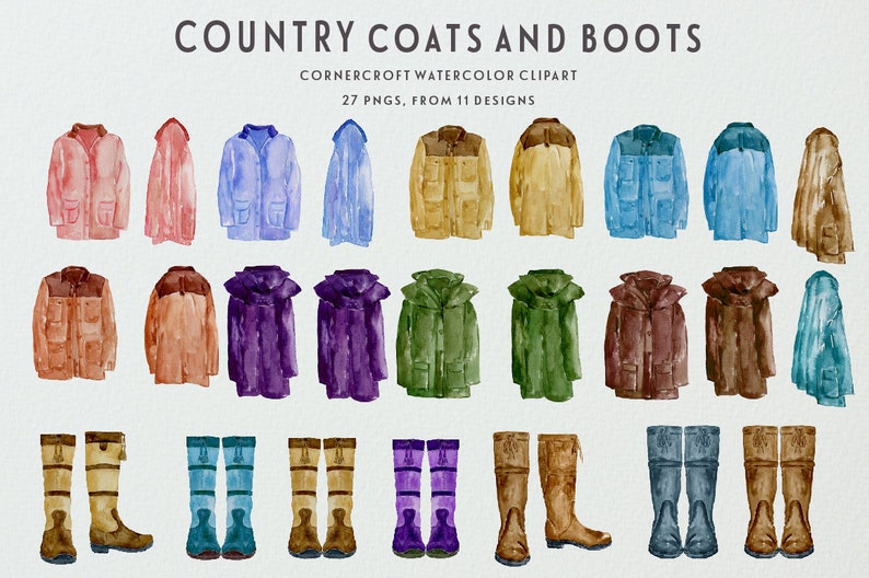 May include: Watercolor clipart set of 27 country coats and boots in various colors, including brown, blue, green, purple, and red.  The set includes 11 different designs.  Cornercroft Watercolor Clipart.