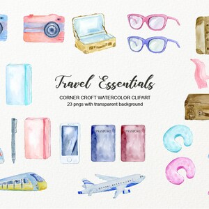 May include: Watercolor illustration of travel essentials, including cameras, suitcases, eyeglasses, a coffee cup, a car with luggage, a pen, a phone, passports, a train, and an airplane. The text "Travel Essentials" is also included.