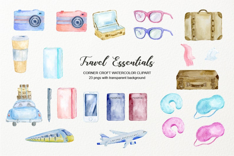 May include: Watercolor illustration of travel essentials, including cameras, suitcases, eyeglasses, a coffee cup, a car with luggage, a pen, a phone, passports, a train, and an airplane. The text "Travel Essentials" is also included.