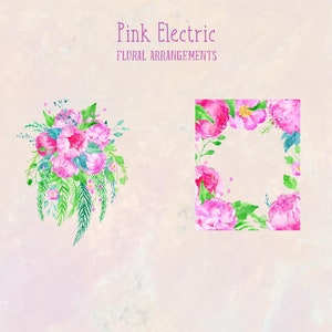 May include: Two watercolor illustrations of pink flowers. The first image shows a bouquet of pink flowers with green leaves. The second image shows a square frame of pink flowers with green leaves.