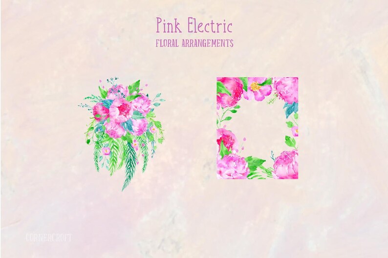 May include: Two watercolor illustrations of pink flowers. The first image shows a bouquet of pink flowers with green leaves. The second image shows a square frame of pink flowers with green leaves.