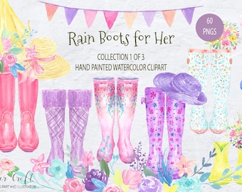 Watercolor Rain Boots Clipart, Floral Wellies, Garden Boots (Instant Download)