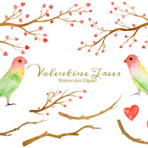 Watercolor Valentine Clipart, Tree Branch With Red Hearts, Love Birds ...