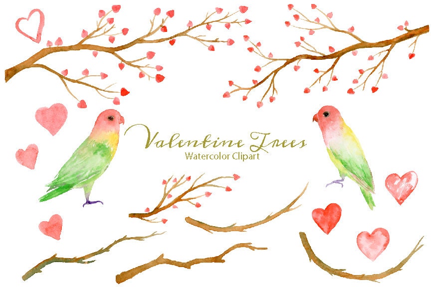 Watercolor Valentine Clipart Tree Branch With Red Hearts - Etsy