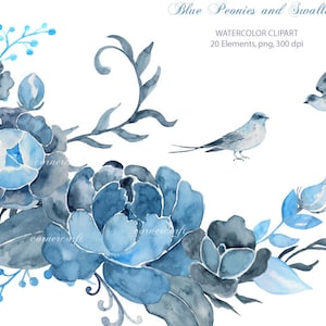 Clipart de mariage - L’aquarelle peinte à la main pivoines bleues, bourgeons et 2 hirondelles téléchargement instantané imprimable pour les invitations de mariage