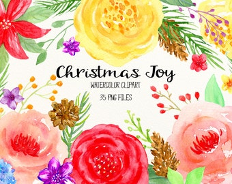 Watercolor Clipart Christmas Joy - festive flowers, red flowers,  pine and cones and floral frame for instant download