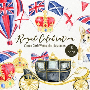 Pode incluir: Ilustrações de aquarela de elementos de celebração real britânica, incluindo uma coroa, uma carruagem, um corgi, um guarda, um balão de ar quente, bandeiras e bandeirinhas. O texto "Royal Celebration" e "Corner Corft Watercolor Illustration" também está incluído.