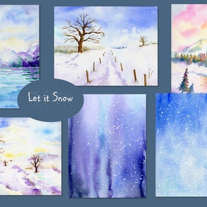 May include: Six watercolor paintings depicting winter scenes. The paintings feature snowy landscapes, trees, and a lake. The text "Let it Snow" is written in a white circle in the center of the image.