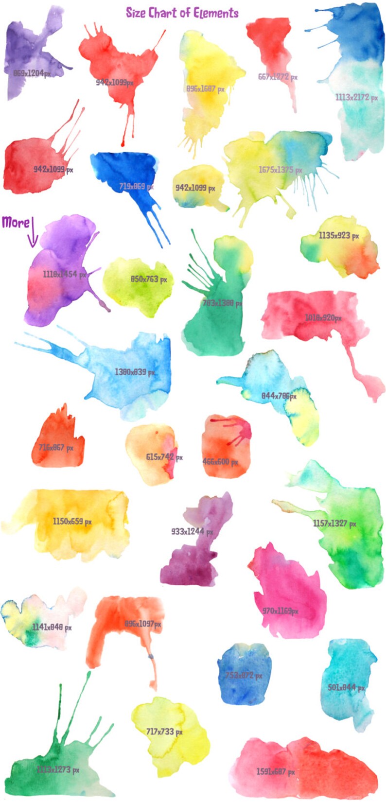 May include: A chart showing the size of different watercolor paint splatters in pixels. The splatters are in various colors, including red, blue, green, yellow, and purple. The chart is titled "Size Chart of Elements".