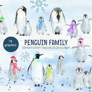 Penguin Family Clipart, watercolor penguins and chicks, scarfs and hats, personalised print creator, instant download