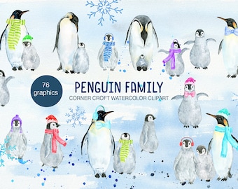 Watercolor Penguin Family Clipart, Winter Hats and Scarves (Instant Download)