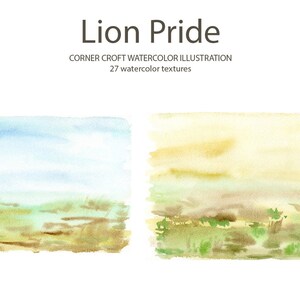 May include: Two watercolor paintings depicting a landscape with a blue sky, green grass, and brown earth. The text "Lion Pride" and "Corner Croft Watercolor Illustration" is visible above the paintings.