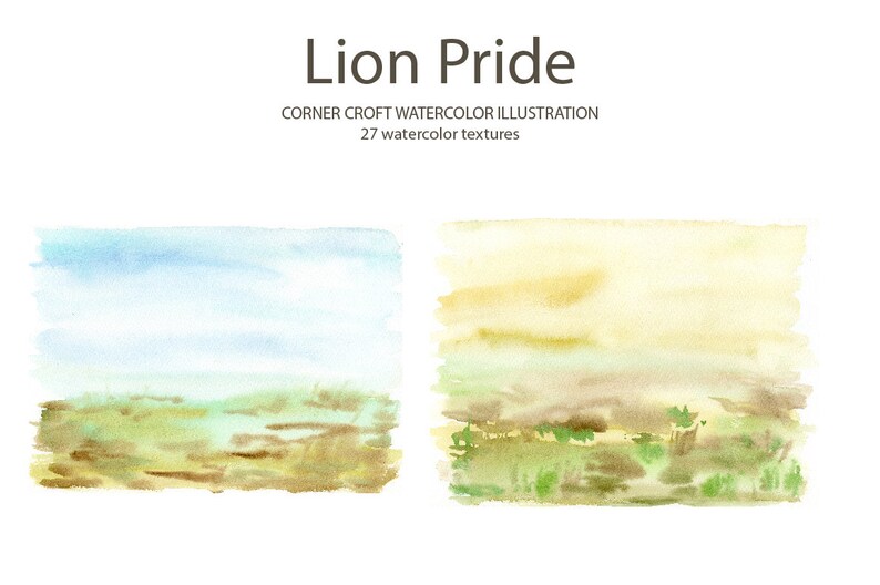 May include: Two watercolor paintings depicting a landscape with a blue sky, green grass, and brown earth. The text "Lion Pride" and "Corner Croft Watercolor Illustration" is visible above the paintings.