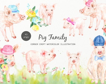 Watercolor pig family clip art