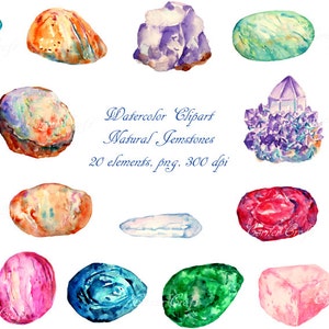 Può includere: Clipart ad acquerello di 20 pietre preziose naturali in varie forme e colori, tra cui viola, blu, verde, rosso e arancione. L'immagine è etichettata "Watercolor Clipart Natural Gemstones 20 elements, png, 300 dpi".