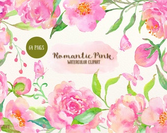 Może przedstawiać: Zestaw clipartów akwarelowych z różowymi kwiatami i motylami. Zestaw zawiera 64 pliki PNG. Tekst "Romantic Pink Watercolor Clipart" jest napisany brązowym kolorem na różowym tle.
