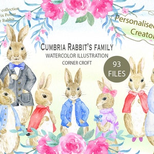 May include: A watercolour illustration of the Cumbria Rabbit's Family, inspired by Beatrix Potter's Peter Rabbit. The image shows rabbits in clothing, surrounded by flowers. Text includes "Personalised Print Creator" and "93 FILES."