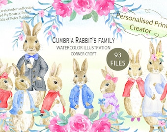 Cumbria Rabbit's Family, watercolor illustration, personalised print creator inspired by " The Tale of Peter Rabbit " for instant download
