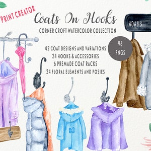 Watercolor coats on hooks, personalised print creator, rain coat, winter coat, children coat, hook, coat rack for instant download