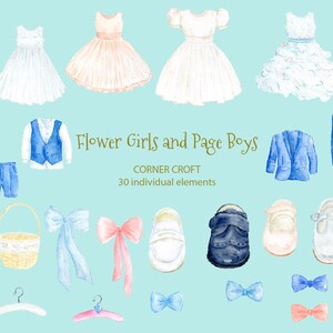May include: Watercolor illustrations of flower girls and page boys attire.  Includes dresses, suits, shoes, bows, baskets, and hangers.  Flower Girls and Page Boys, Corner Croft, 30 individual elements.
