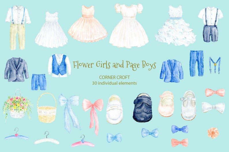 May include: Watercolor illustrations of flower girls and page boys attire.  Includes dresses, suits, shoes, bows, baskets, and hangers.  Flower Girls and Page Boys, Corner Croft, 30 individual elements.
