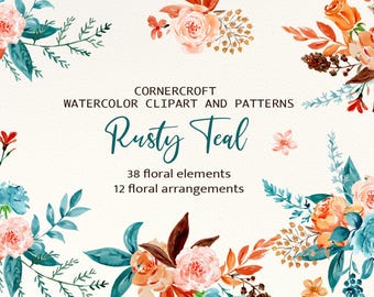 Rusty Teal Watercolour Clipart and Floral Arrangements
