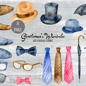 May include: A set of 21 watercolor illustrations of gentleman's accessories, including hats, shoes, ties, bow ties, glasses, canes, and umbrellas. The text "Gentleman's Wardrobe Watercolor Clipart" is included in the image.