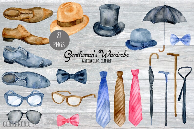 May include: A set of 21 watercolor illustrations of gentleman's accessories, including hats, shoes, ties, bow ties, glasses, canes, and umbrellas. The text "Gentleman's Wardrobe Watercolor Clipart" is included in the image.