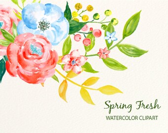 Spring Floral Watercolor Clipart – Pink & Blue Flower Elements (Digital Download)