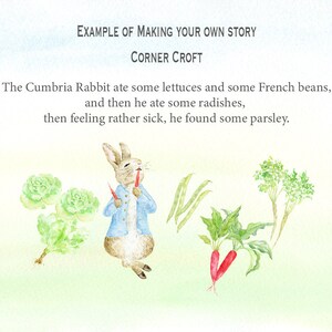 May include: A watercolor illustration of a brown rabbit wearing a blue shirt, eating a red radish. The rabbit is surrounded by various vegetables, including lettuces, French beans, radishes, and parsley. The text "EXAMPLE OF MAKING YOUR OWN STORY CORNER CROFT" is at the top of the image.