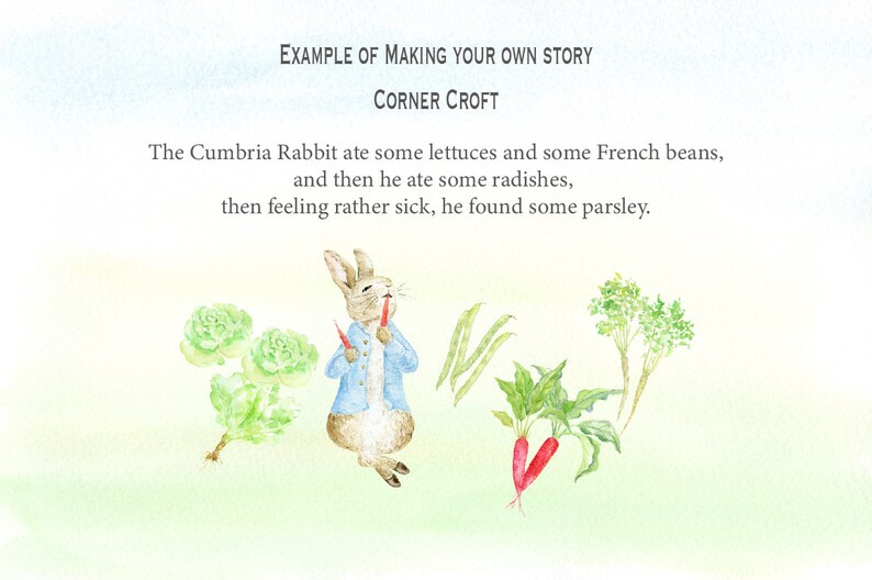 May include: A watercolor illustration of a brown rabbit wearing a blue shirt, eating a red radish. The rabbit is surrounded by various vegetables, including lettuces, French beans, radishes, and parsley. The text "EXAMPLE OF MAKING YOUR OWN STORY CORNER CROFT" is at the top of the image.