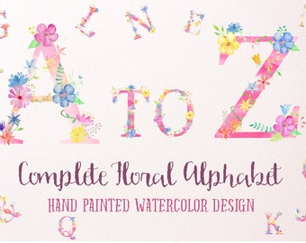 Watercolor Floral Alphabets Pink for instant download