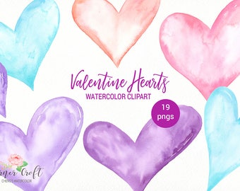 Watercolor Valentine hearts in blue, blush, pink and purple for instant download