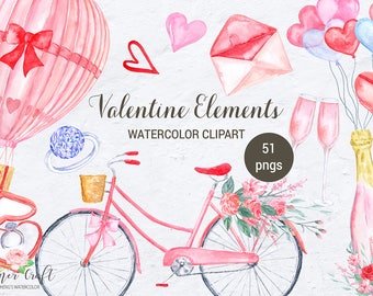 Watercolor clipart valentine elements, Pink hot air balloon, peach bike, heart ballon, diamond ring, red envelope instant doweled
