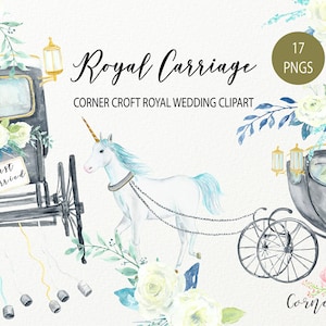 Acquerla royal carriage clipart - carrozza reale nera e oro, carrozza nuziale, carrozza principessa, unicorno download istantaneo