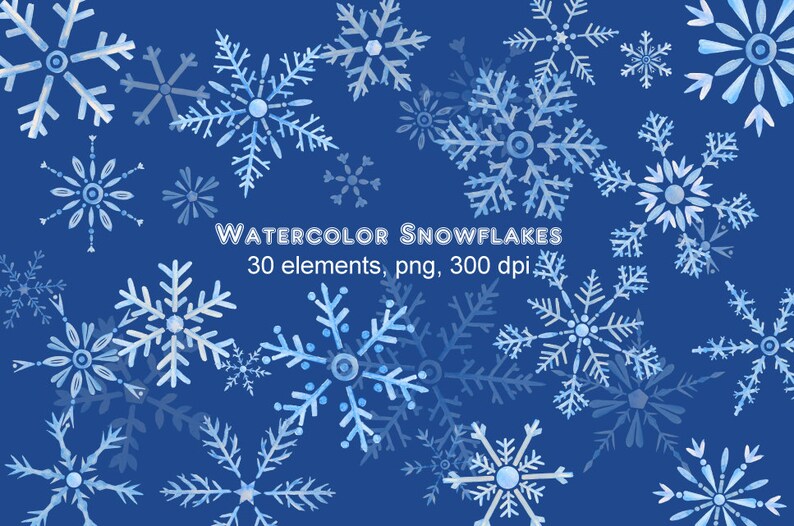 Puede incluir: Una colecci&oacute;n de 30 copos de nieve de acuarela en tonos azules sobre un fondo azul oscuro.  WATERCOLOR SNOWFLAKES 30 elementos, png, 300 dpi