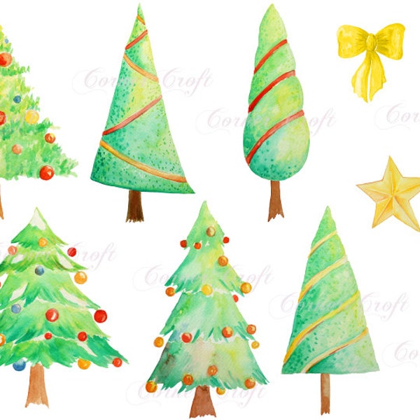 Digital watercolour Christmas trees snowman fairy instant download scrapbook watercolor cards wedding invitations clipart