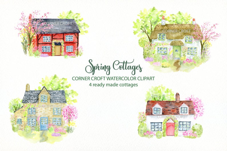 Watercolor spring cottage, traditional cottages, watercolour cottages, old house, instant download image 5