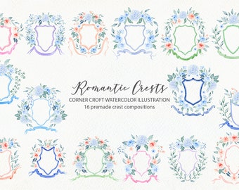 Watercolor pre made floral crests for instant download