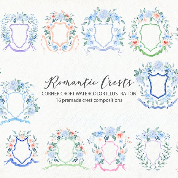 Watercolor pre made floral crests for instant download