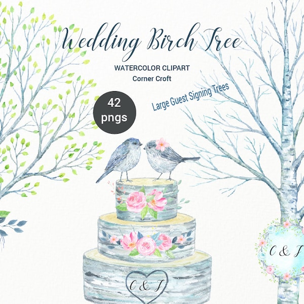 Wedding Birch Tree Watercolor Clipart - large guest signing tree, bare birch tree branch, birch logs and flowers for instant download