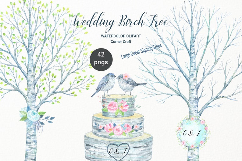 Wedding Birch Tree Watercolor Clipart large guest signing tree, bare birch tree branch, birch logs and flowers for instant download image 1