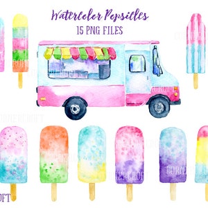 Watercolor clipart popsicles, ice lollies, ice creams  and popsicle van illustration for instant download