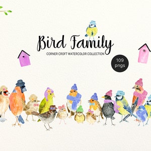Bird Family Illustratie voor het maken van gepersonaliseerde prints, Aquarel Clipart Instant Download