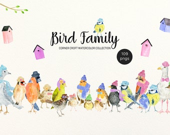 Bird Family Illustration for Making Personalised Prints, Watercolor Clipart Instant Download