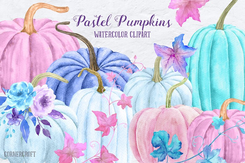 Pu&ograve; includere: Clipart ad acquerello di zucche color pastello con fiori blu e rosa. Il testo "Pastel Pumpkins Watercolor Clipart" &egrave; in cima all'immagine.
